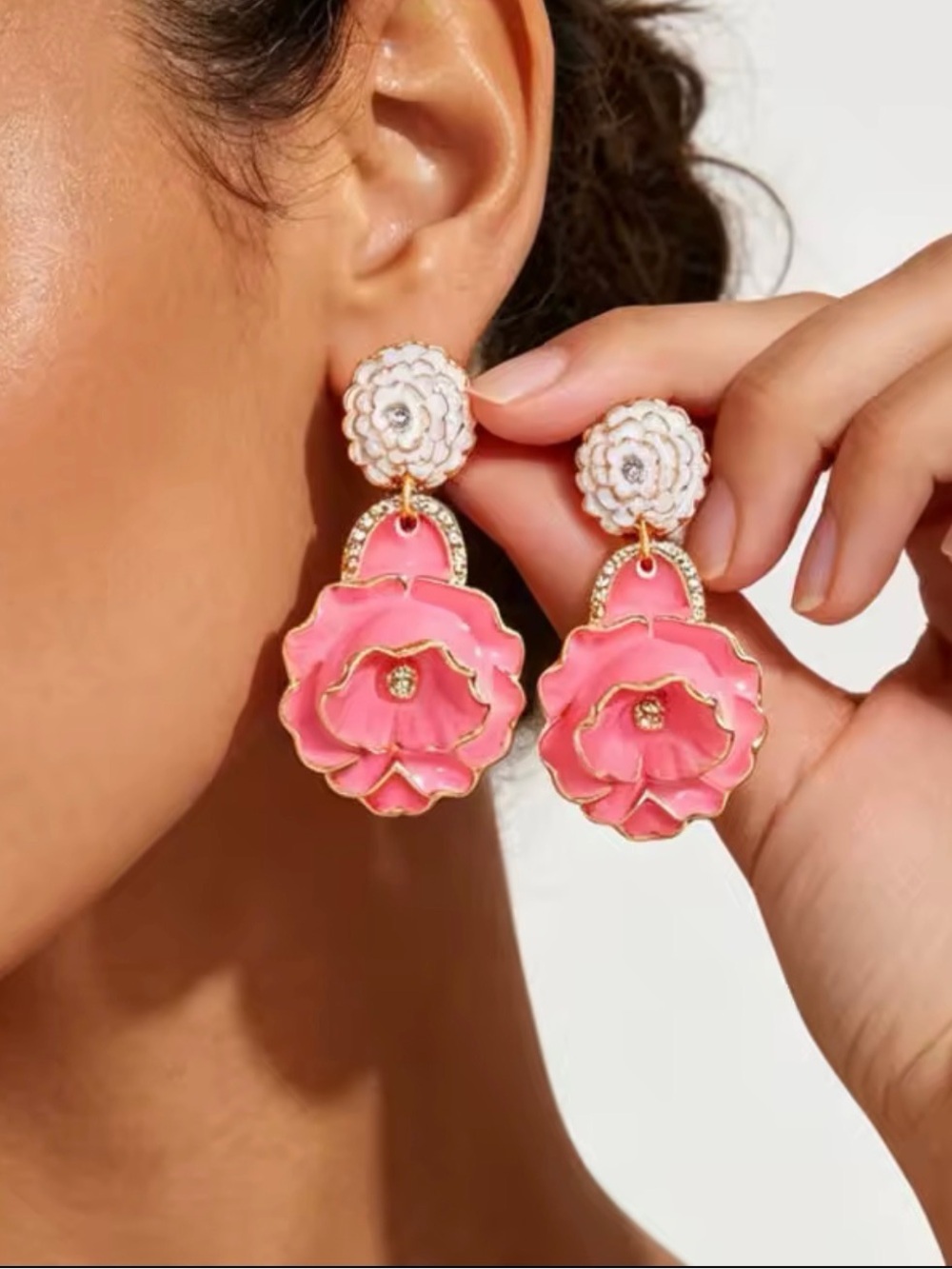 Pink & White Enamel Floral Statement Drop Earrings - Picture 5 of 5